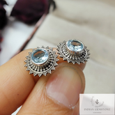 Round Swiss Blue Topaz Stud Earring, 925 Sterling Silver Jewelry, Handmade Earring, Dainty Wedding Topaz Stud Earring, Birthday Gift, Gift